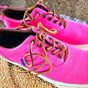 Men 9D Or Women 11, Ralph Lauren Pink and Brown Sneakers Vibrant Canvas Casual